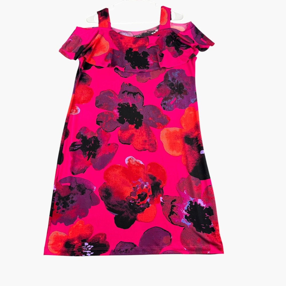 Clara Sunwoo Pink Floral Cold Shoulder Ruffle Shift Dress Medium Made in USA